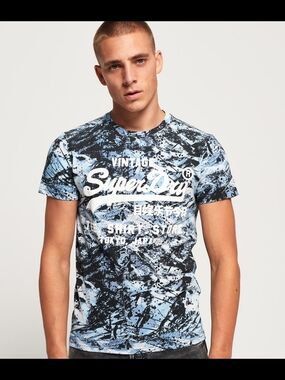 New Superdry Men's Light Blue and Black Camo Graphic Tee 2xl